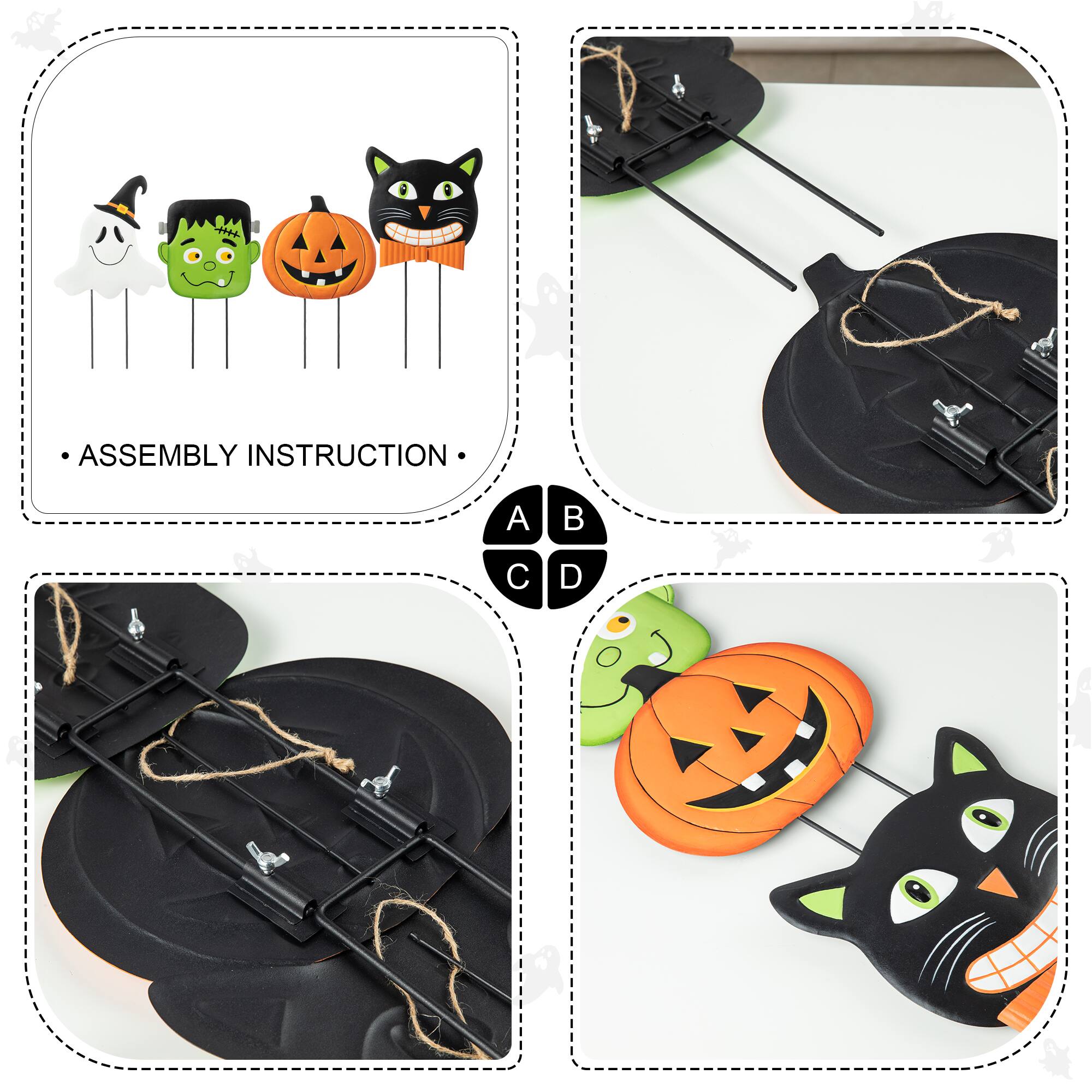Glitzhome® 3.5ft. Halloween Metal Stacked Ghost, Frankenstein, Black Cat and Pumpkin Yard Stake